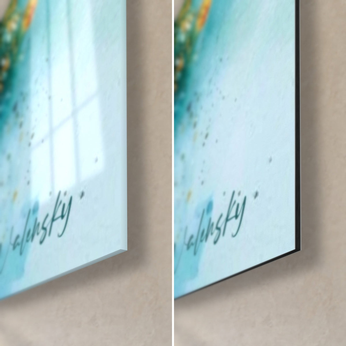 Wall art half kiwi splashed with pale turquoise, bottom right corner: 3 mm edge, glossy acrylic glass and matte black Dibond aluminium