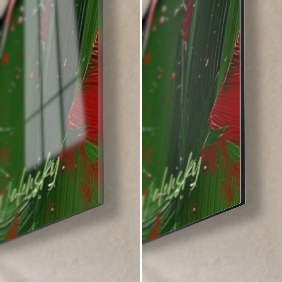 Wall art kiwi slice with red crackle lines, bottom right corner: glossy acrylic glass and matte black Dibond, 3 mm thick