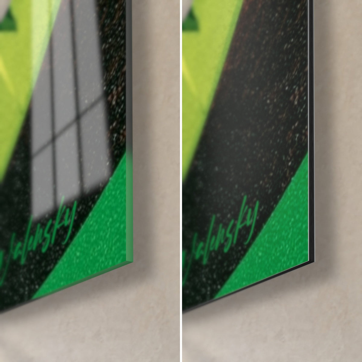 Wall art of sliced kiwis, bottom right corner: glossy glass with window reflections, matte black Dibond, fine cut edge, vivid green and signature