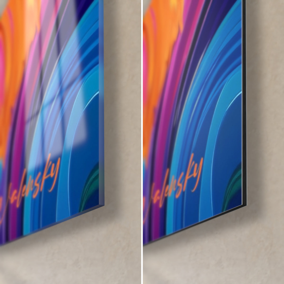 Tableau demi-kiwis aux rayons bleus, violets et orange, coin bas droit : verre acrylique brillant à gauche, Dibond mat à droite