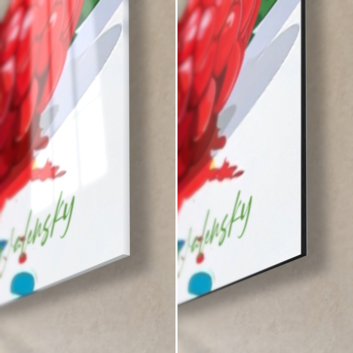 Wall art lime green kiwi, bottom right corner: glossy acrylic glass on the left, matte Dibond aluminium on the right, 3 mm edge and red raspberry