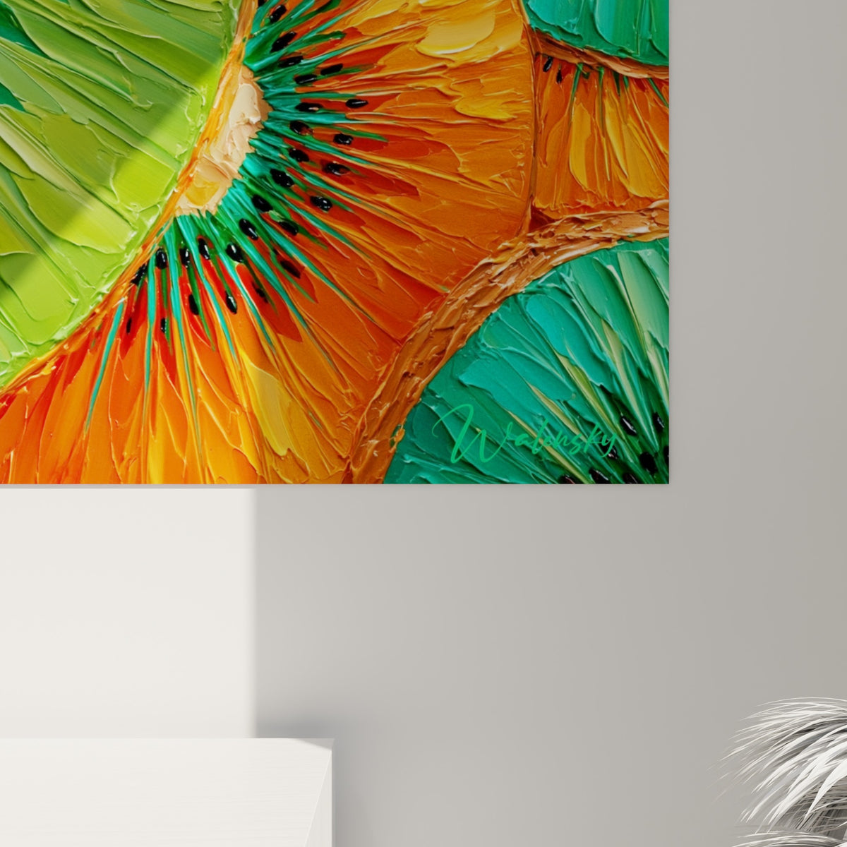 Détail des empâtements verts et orangés du kiwi, graines noires et coulures de peinture visibles de près