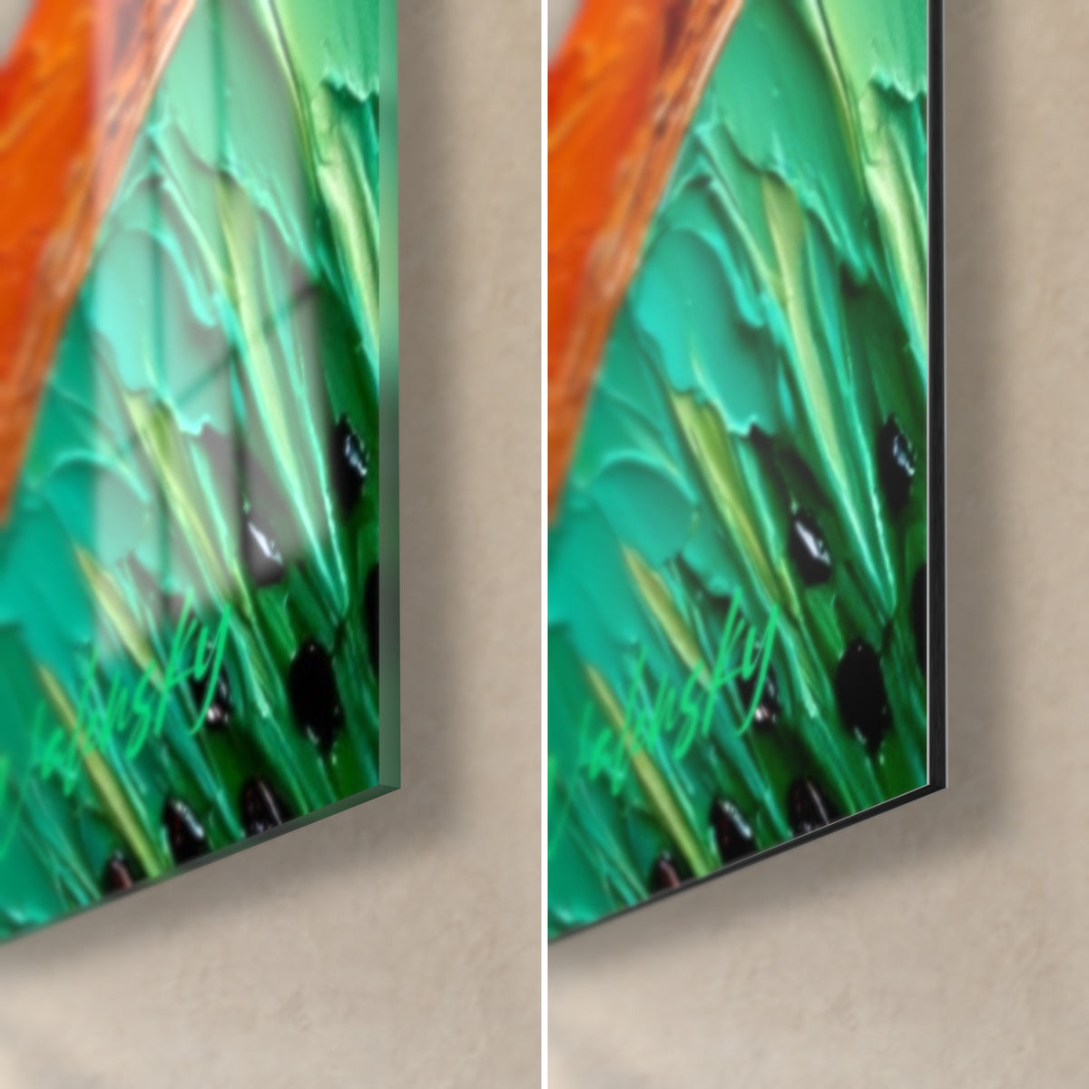 Tableau agrume exotique vert et orange, coin bas droit en verre brillant à gauche, Dibond mat à droite, tranche de 3 mm
