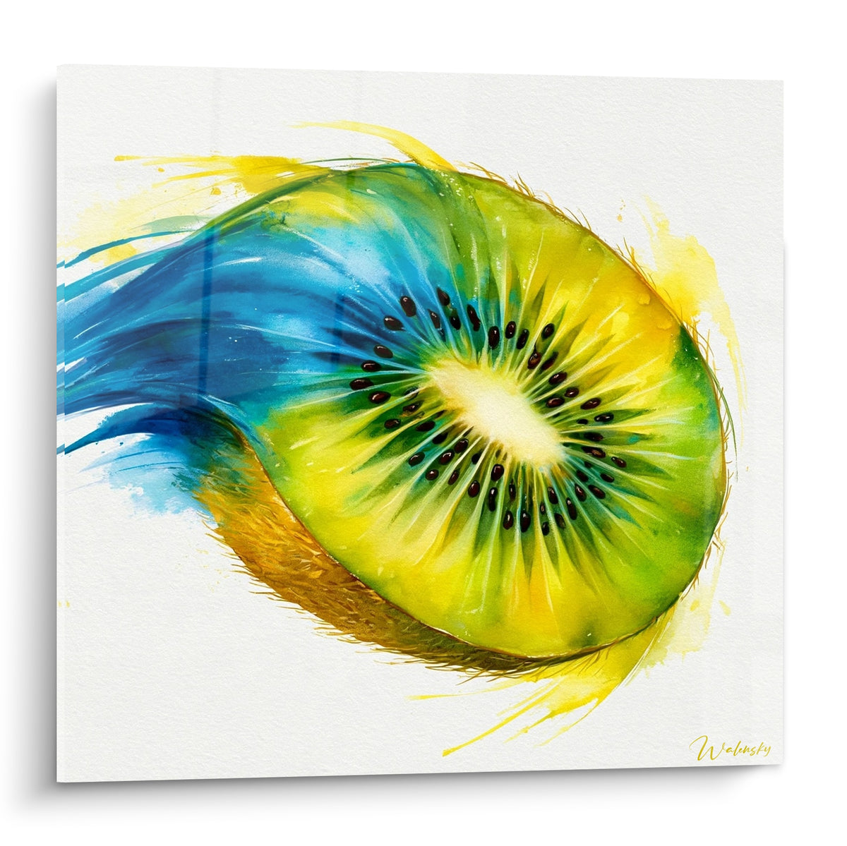 Tableau kiwi tranché aux pépins noirs, éclaboussures bleu turquoise et jaune citron sur fond blanc