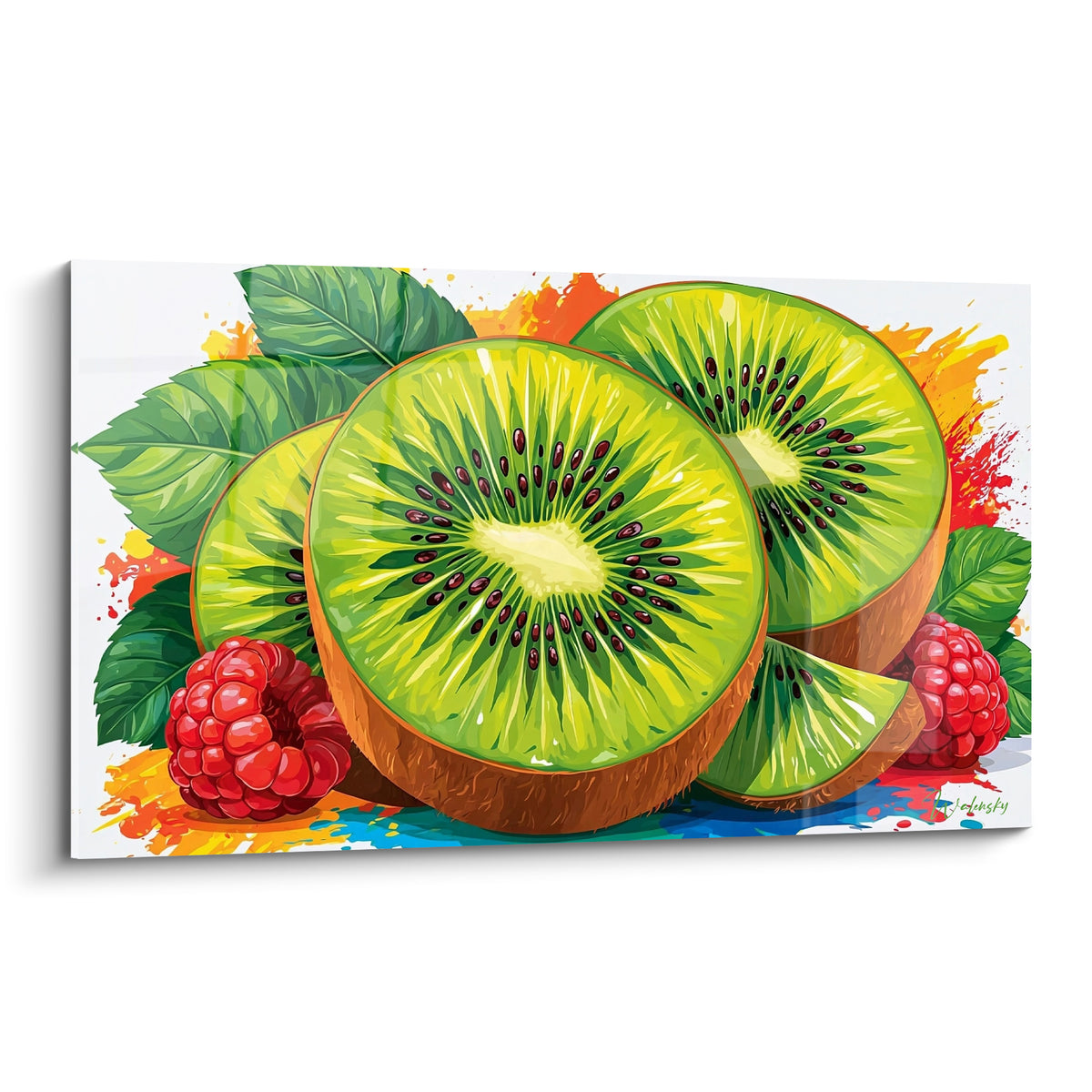 Kiwis tranchés vert vif accompagnés de framboises rouges sur fond éclaboussé orange et bleu