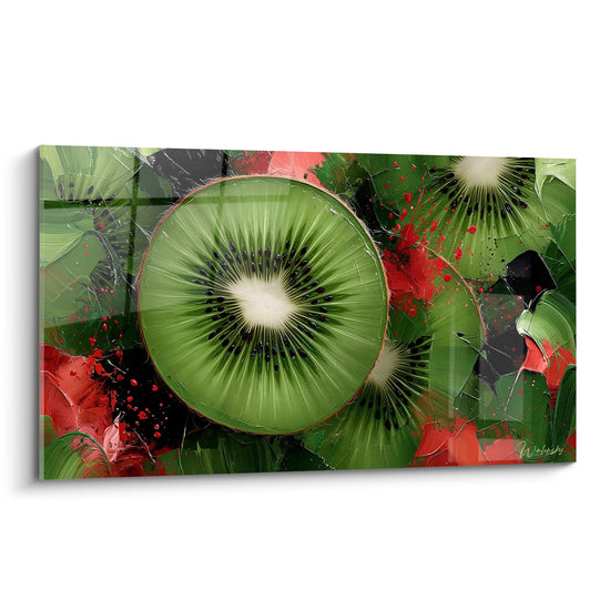 Tableau Kiwi vert et rouge aux fissures craquelées - Trois tranches superposées - Edition Kiwi