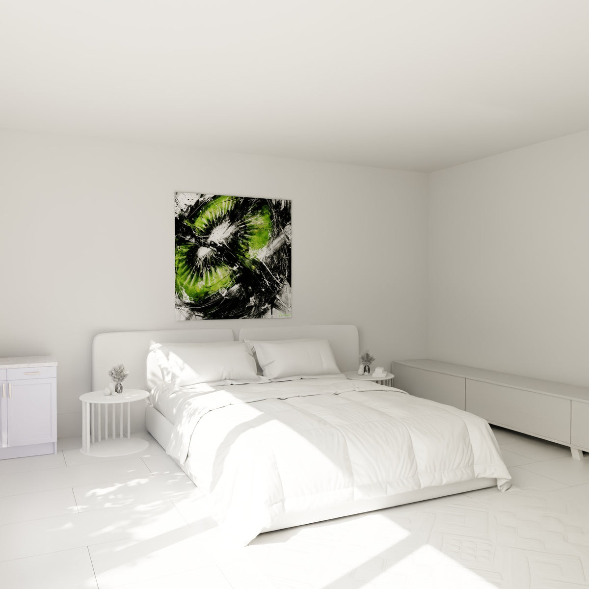 Kiwi vert vif aux éclats noirs et blancs accroché au-dessus d'un lit dans une chambre claire
