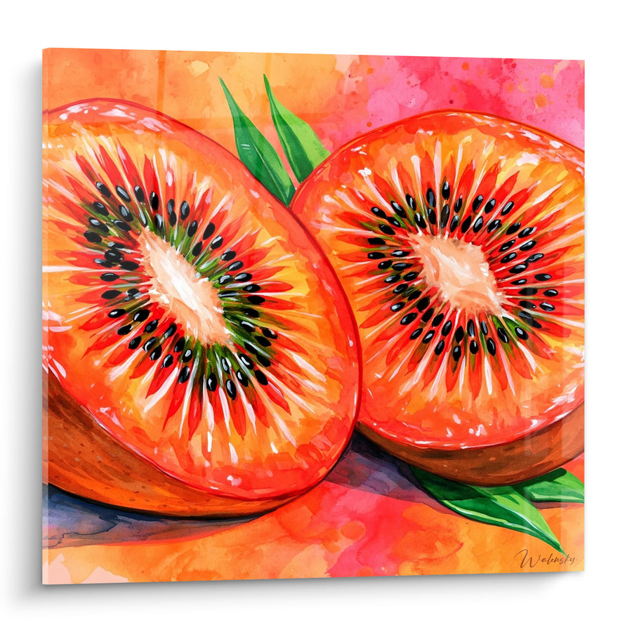 Tableau Kiwis rouges tranchés fond orange rose - Éclat gourmand - Edition Kiwi