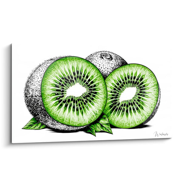 Tableau Kiwis tranchés vert et noir sur fond blanc - Fraîcheur croquée - Edition Kiwi