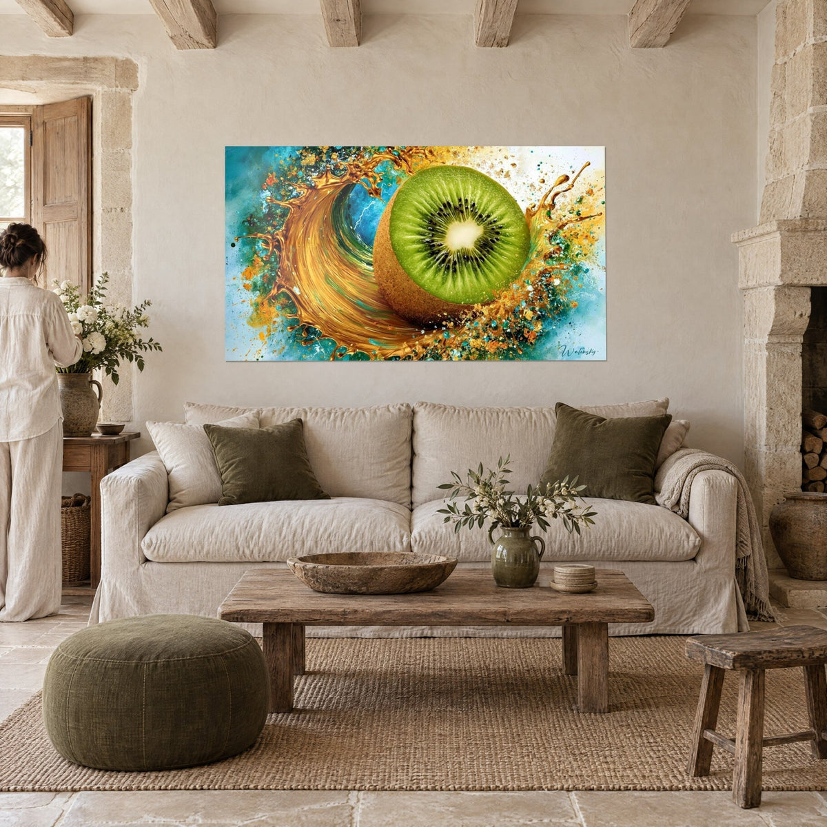 Wall art kiwi cut in half, vivid green flesh and black seeds, copper-toned golden wave on a turquoise background, above a sofa in a bright living room