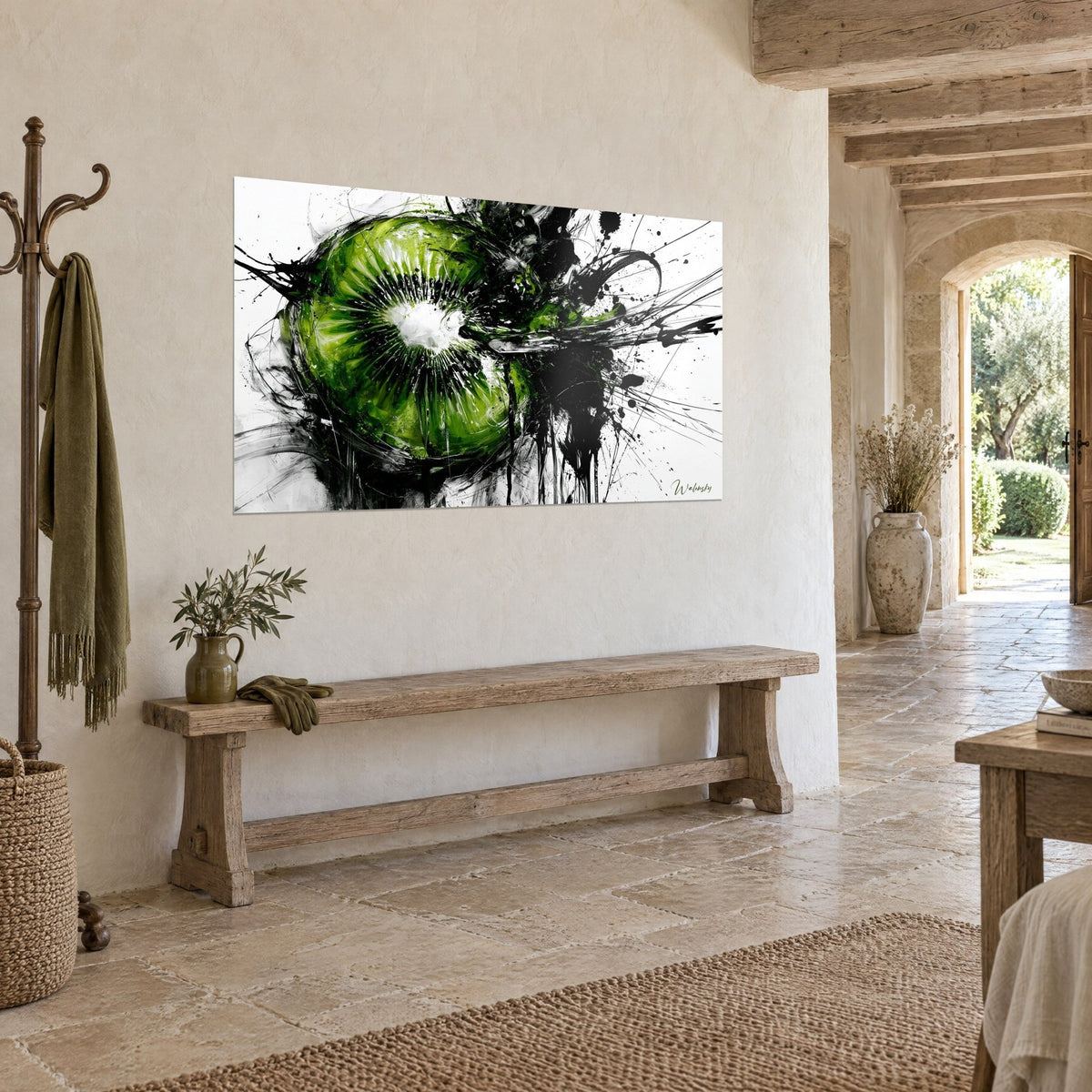Wall art cut fruit in apple green and jet black, radiating ink streaks, stone wall and rustic wooden bench