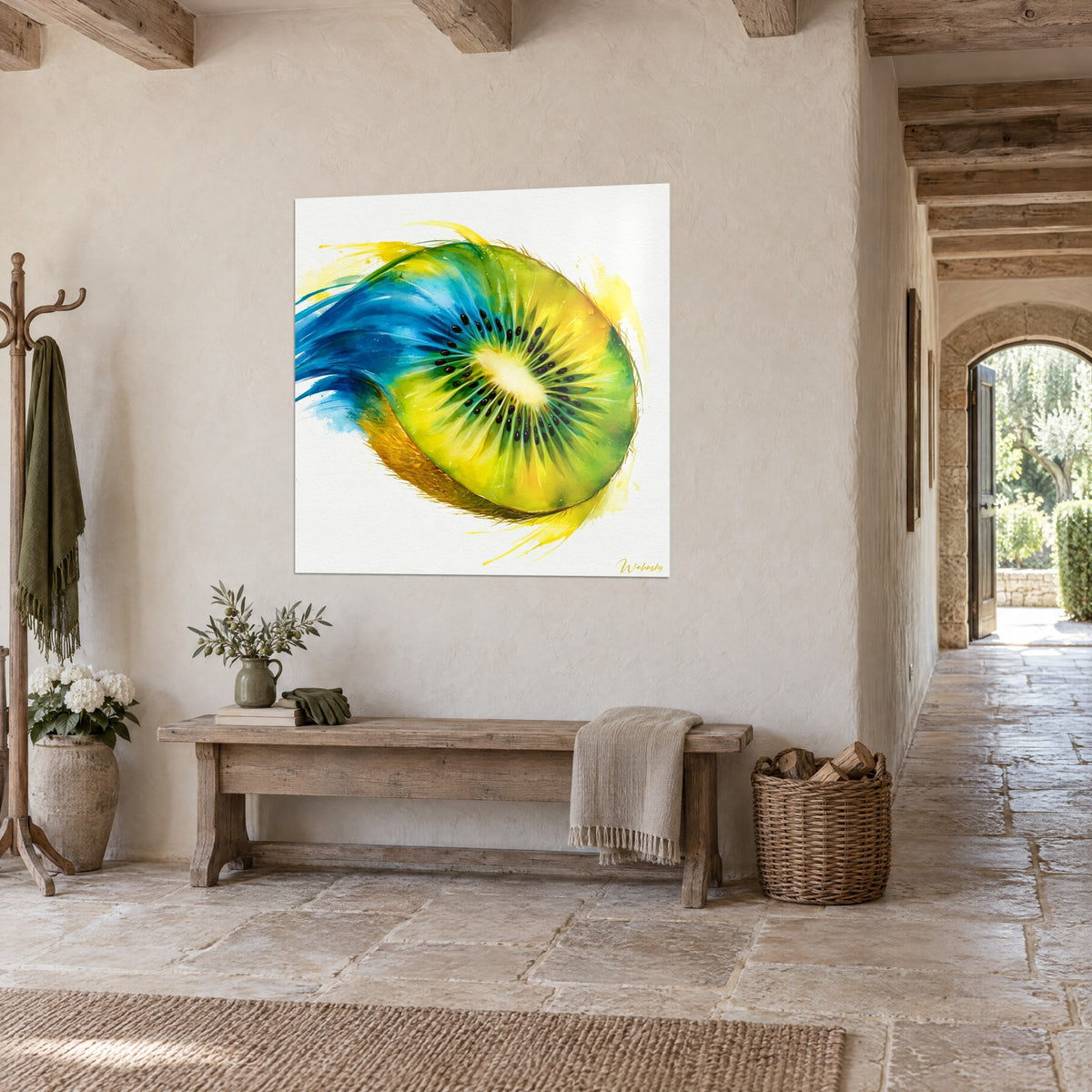 Cuadro fruta en frutero con salpicaduras amarillo limón y turquesa, pulpa verde radiante, colgado en un pasillo de piedra en vista de tres cuartos