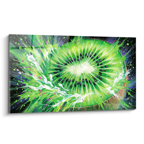 Tableau Kiwi vert et blanc en coulées liquides - Éclaboussures magenta nocturnes - Edition Kiwi