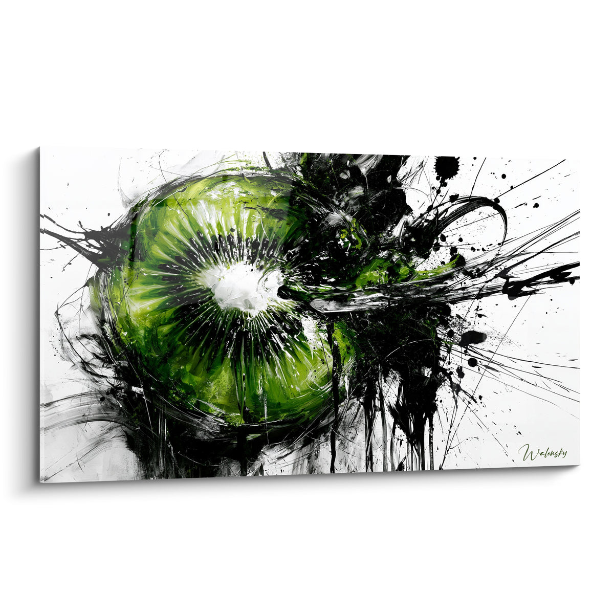 Kiwi vert acide tranché, éclaboussures noires et blanches en peinture gestuelle expressive