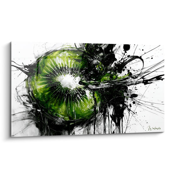 Tableau Kiwi vert et noir aux traînées d'encre - Filaments d'encre noire - Edition Kiwi