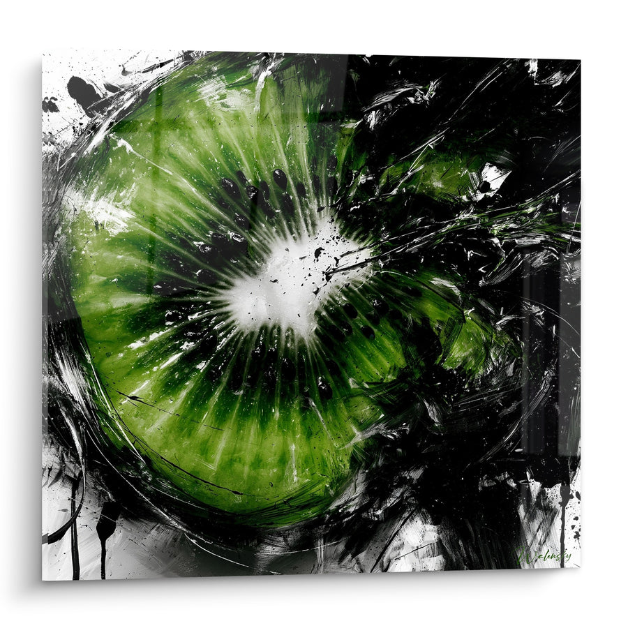 Tableau Kiwi vert et noir aux griffures d'encre - Cœur blanc rayonnant - Edition Kiwi