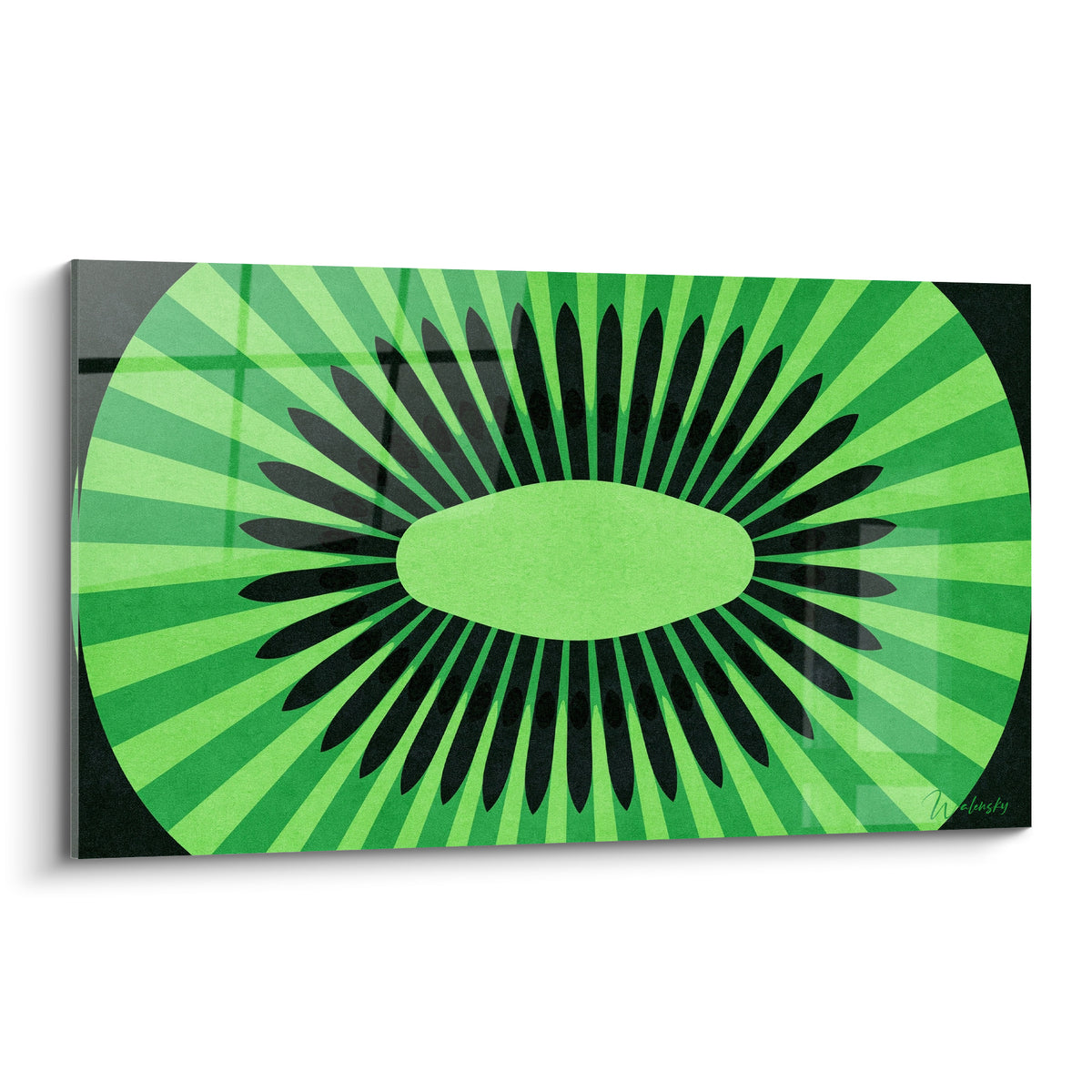 Tranche de kiwi stylisée en vert émeraude et noir, motif rayonnant et pointes en étoile