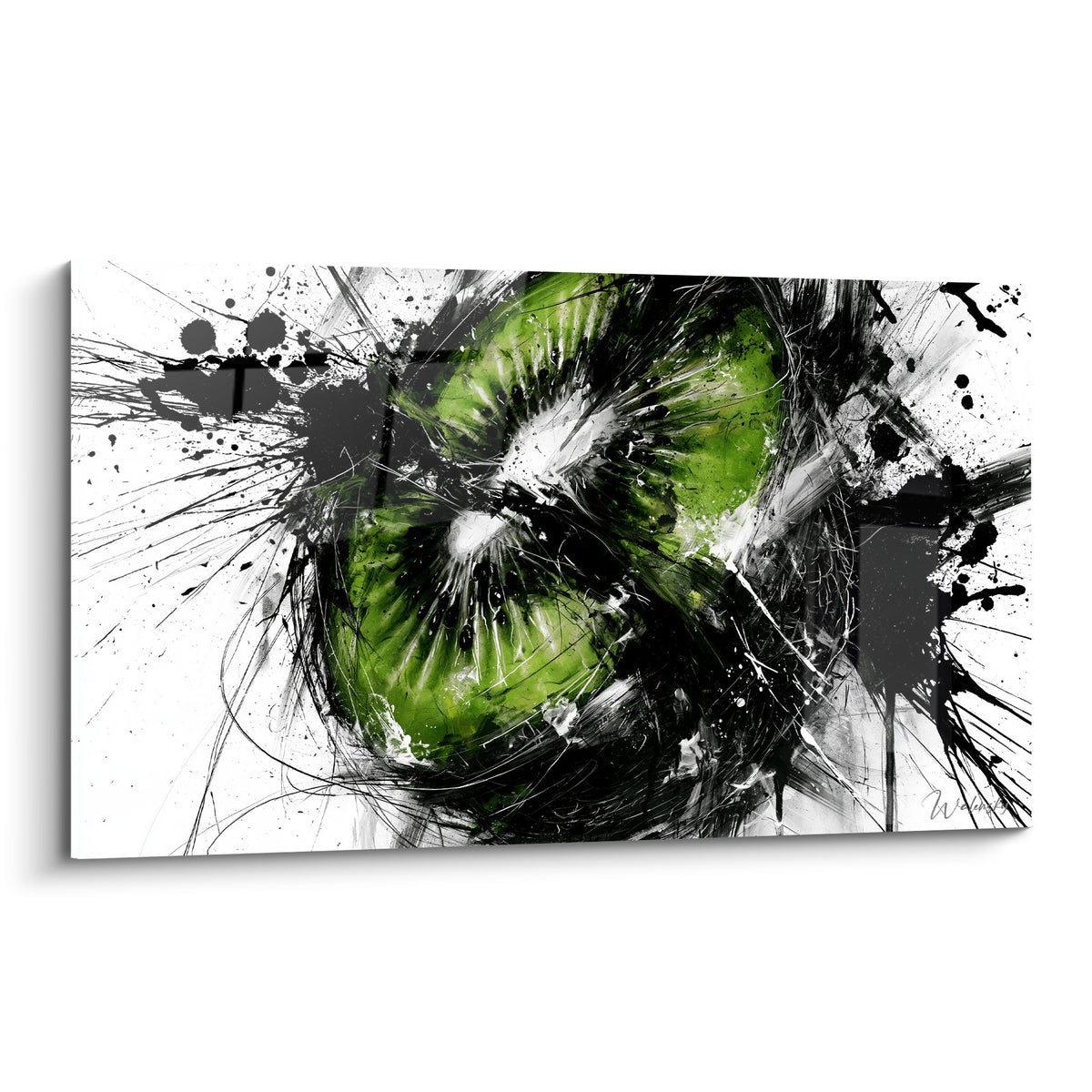 Kiwi tranché vert et noir en pleine explosion d'encre sur fond blanc éclaboussé