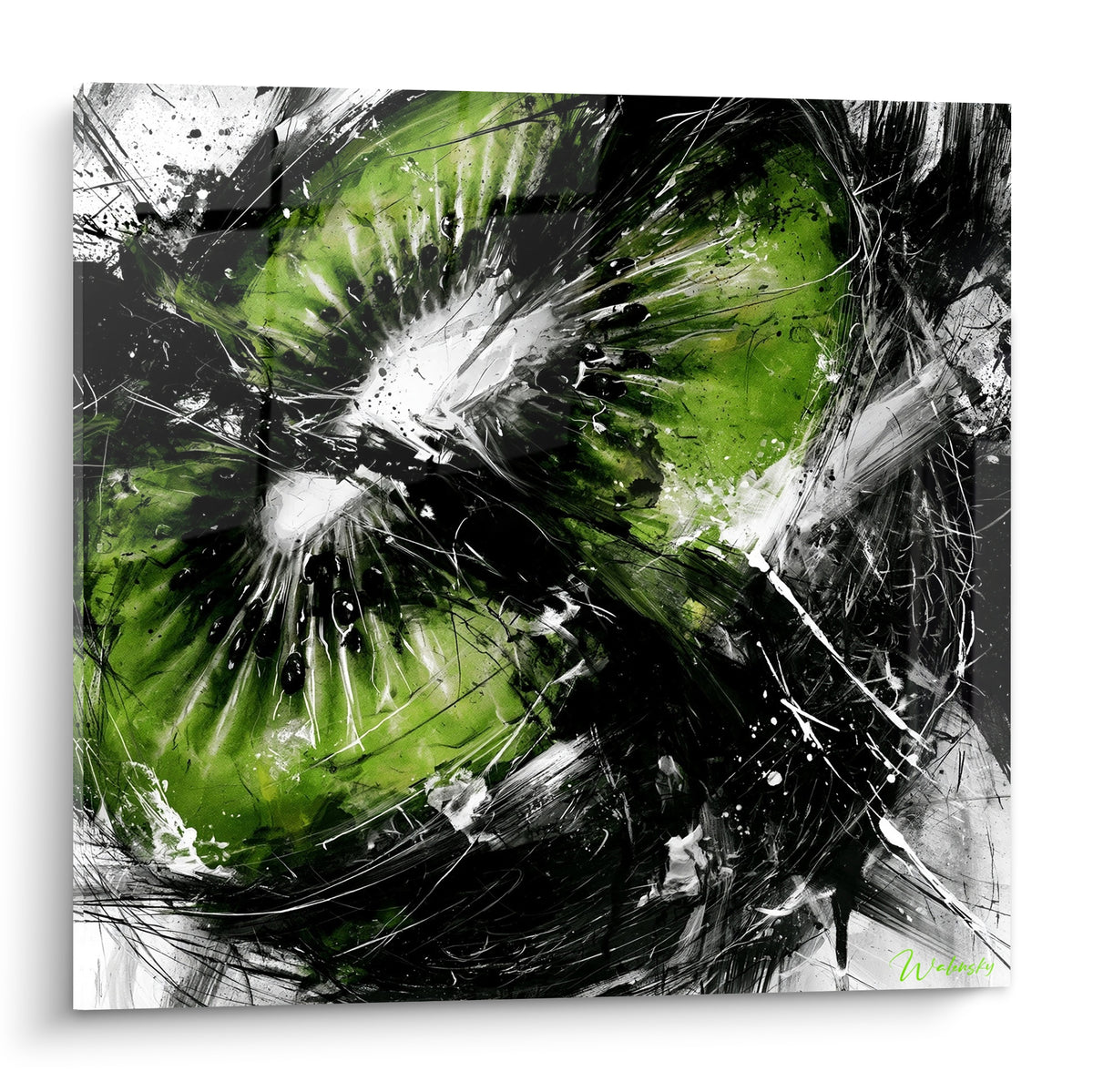 Kiwi éclaté vert et noir en pleine explosion picturale, tranches et graines visibles au centre