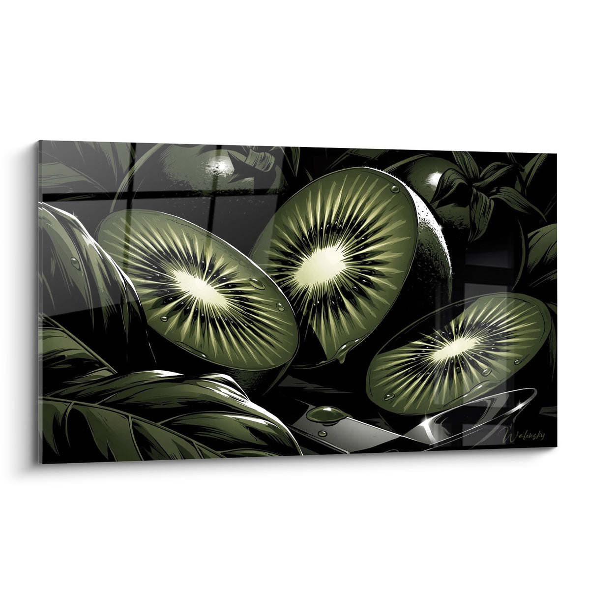 Kiwis tranchés vert olive et crème sur fond noir, style graphique aux reflets métalliques intenses