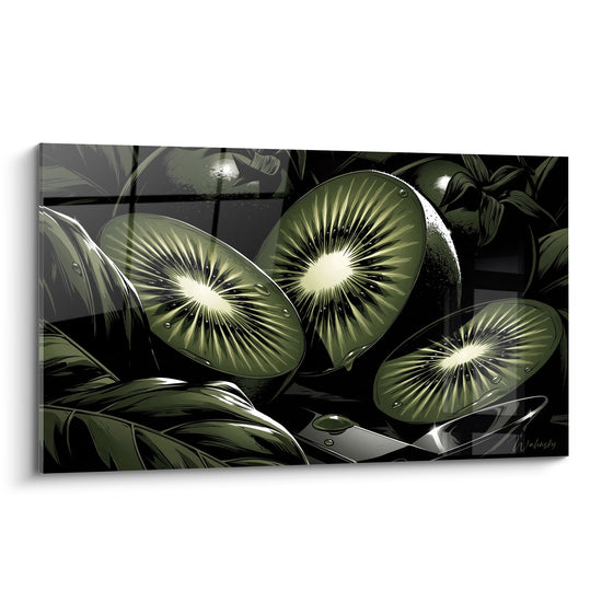 Tableau Kiwis tranchés fond noir et vert - Éclat tropical nocturne - Edition Kiwi