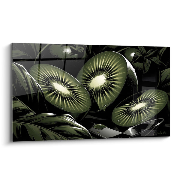 Tableau Kiwis tranchés fond noir et vert - Éclat tropical nocturne - Edition Kiwi