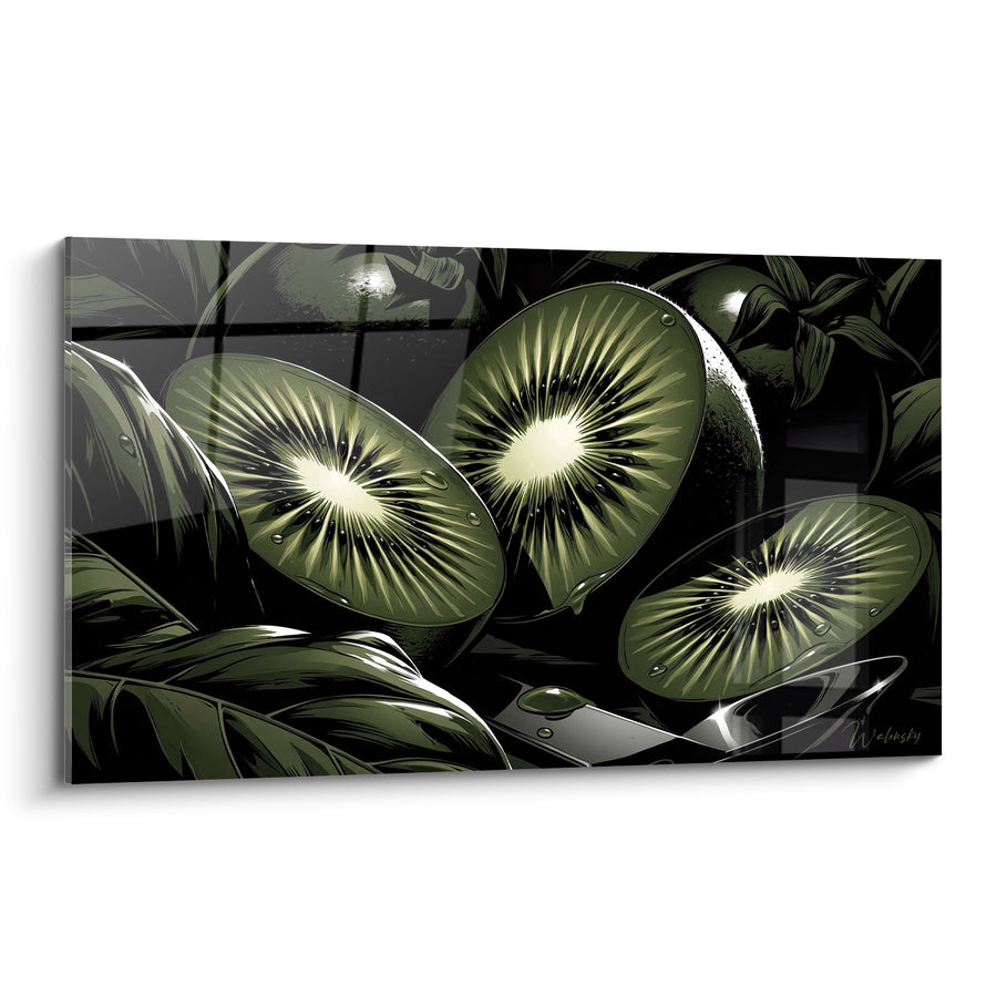 Tableau Kiwis tranchés fond noir et vert - Éclat tropical nocturne - Edition Kiwi