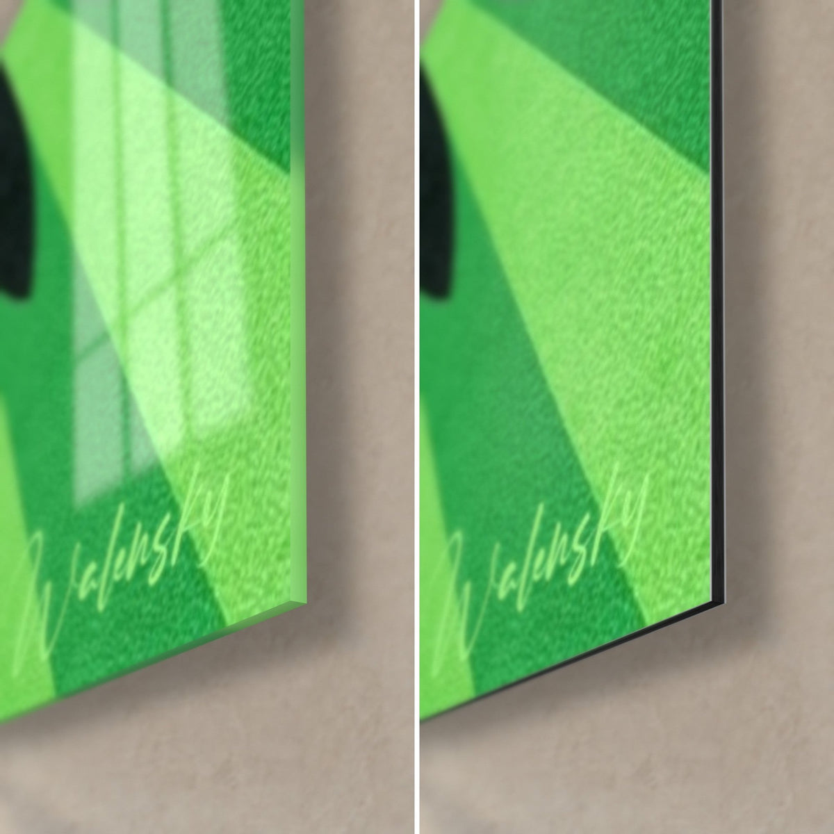 Wall art black kiwi seeds on green, bottom right corner in glossy glass with reflections and matte Dibond aluminium, 3 mm edge visible