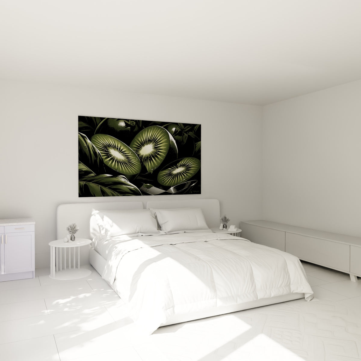 Fruits de kiwi tranchés vert sauge et anthracite, accrochés au-dessus d'un lit dans une chambre claire