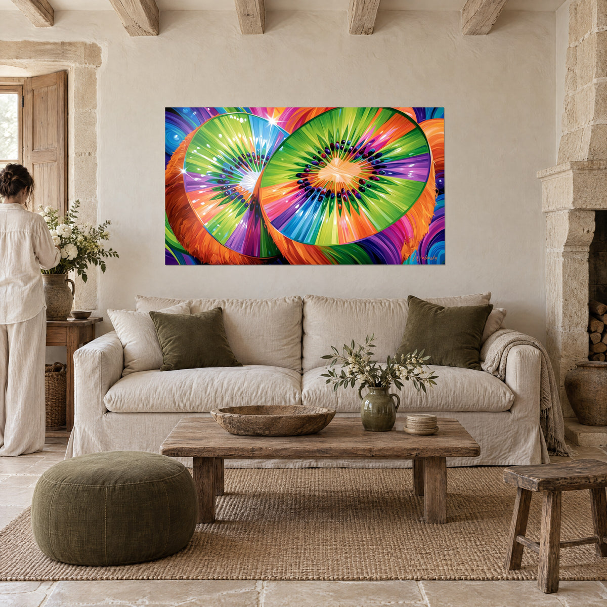 Tableau kiwis tranchés en rayons verts, violets et orange, fibres duveteuses, une femme de dos, au-dessus d'un canapé dans un salon lumineux