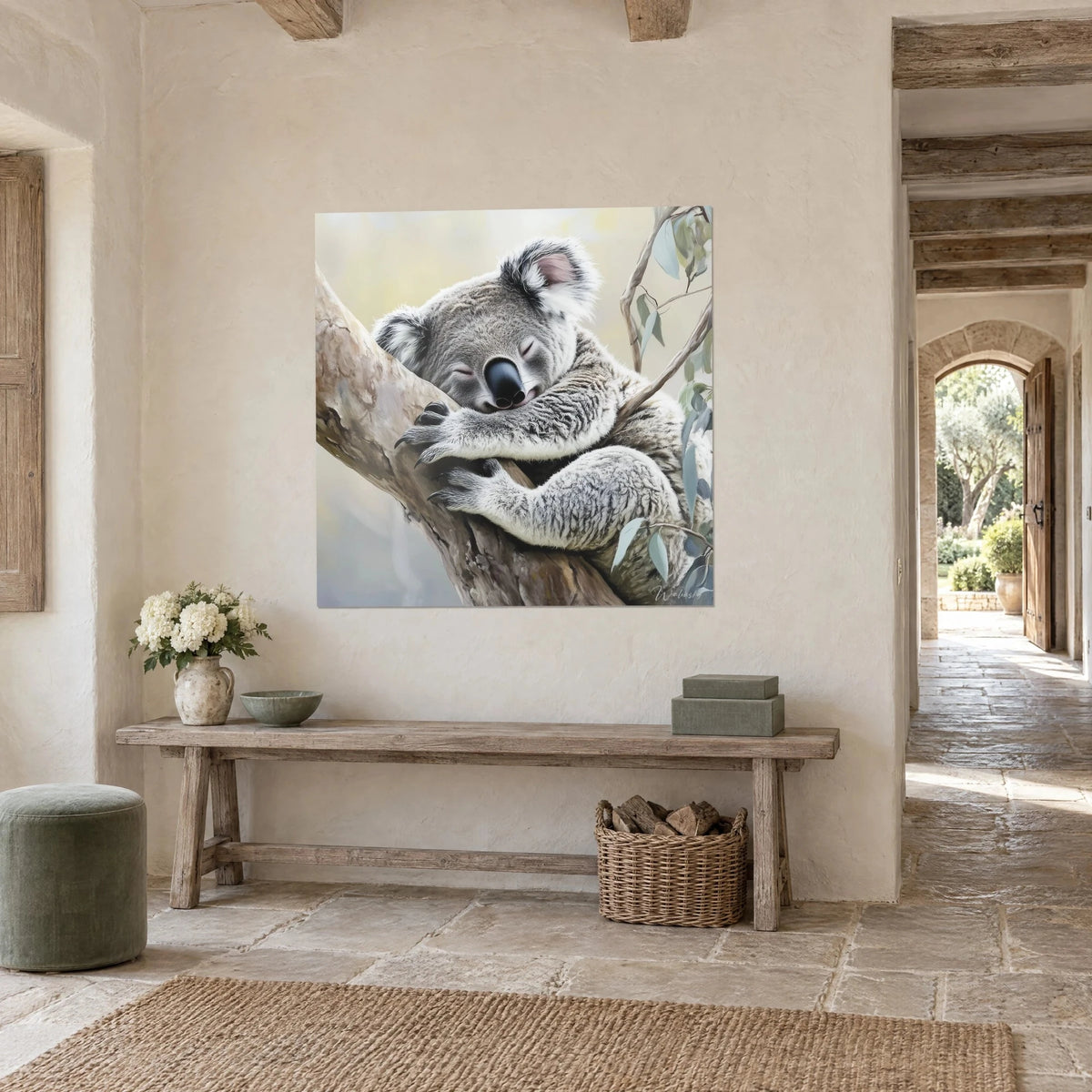 Wall art of a drowsy marsupial, black nose against beige bark, pale yellow background, three-quarter view in a stone entrance hall