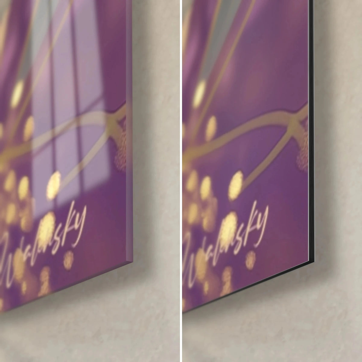Wall art violet and gold koala, bottom right corner: glossy acrylic glass with reflections and matte Dibond aluminium, 3 mm edge visible
