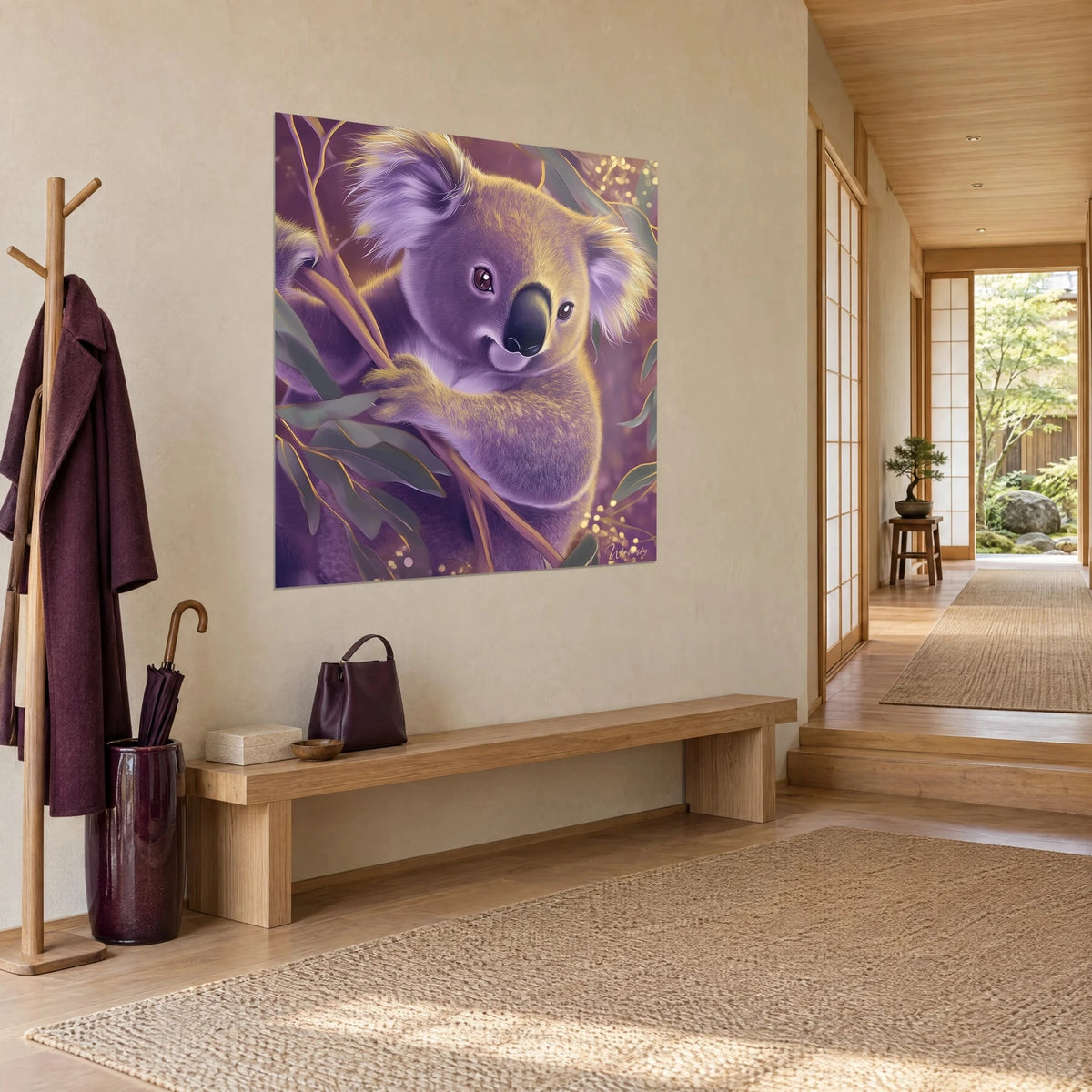 Wall art marsupial with a black muzzle and brown eyes, violet and yellow fur, three-quarter view in a japandi entryway