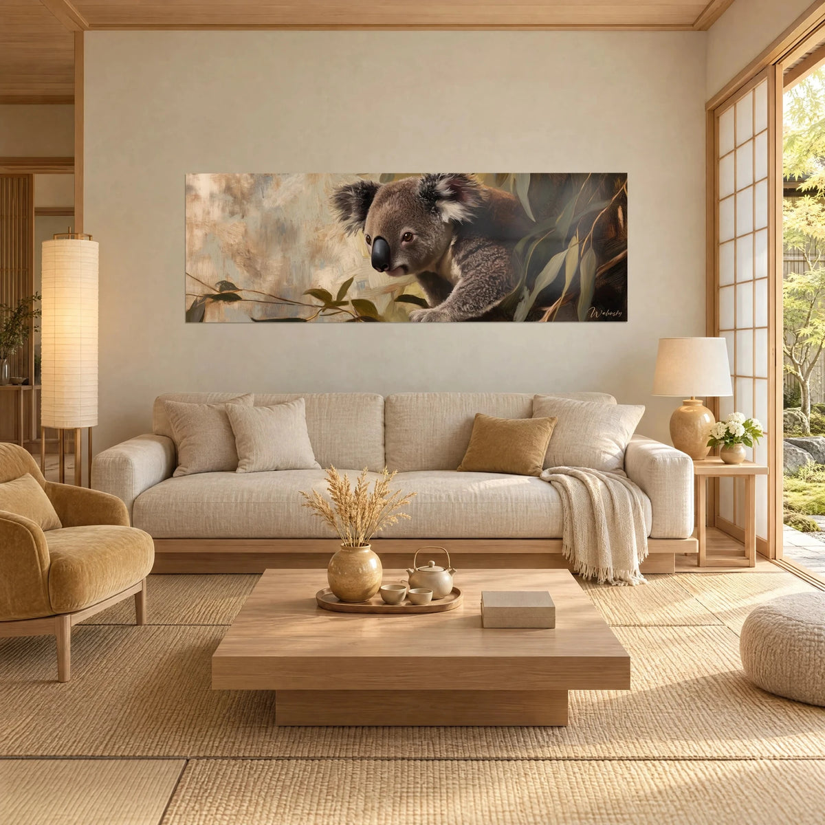 Quadro di koala dal pelo grigio argento e occhi marroni, tra foglie di eucalipto verde salvia, sopra un divano in un soggiorno luminoso