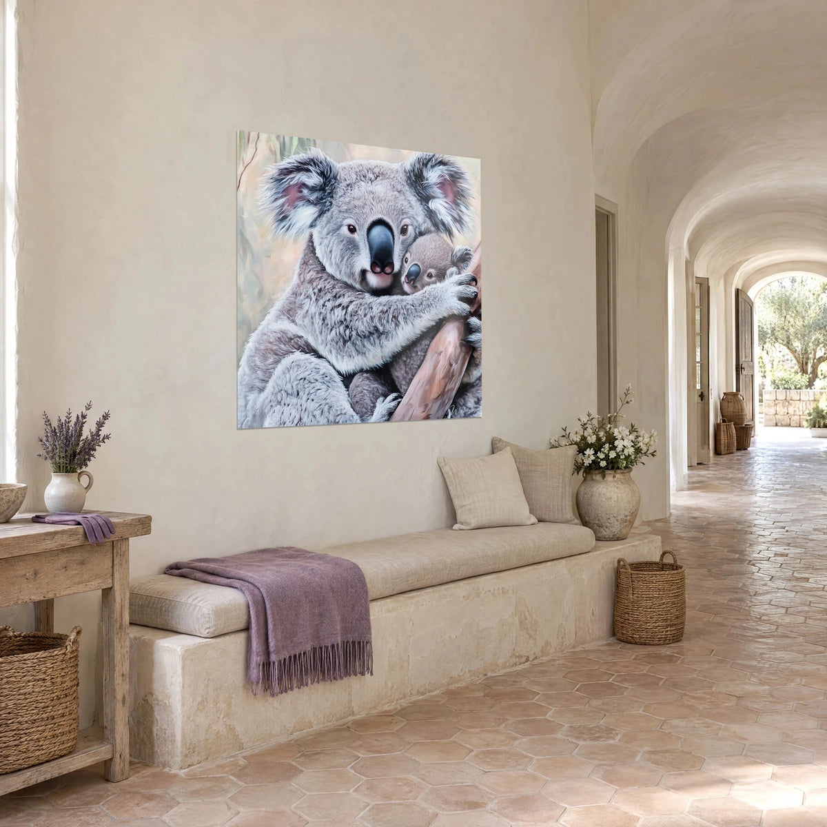 Wall art marsupial mother with large fringed ears, glossy black nose, pinkish-brown body, in a vaulted stone corridor