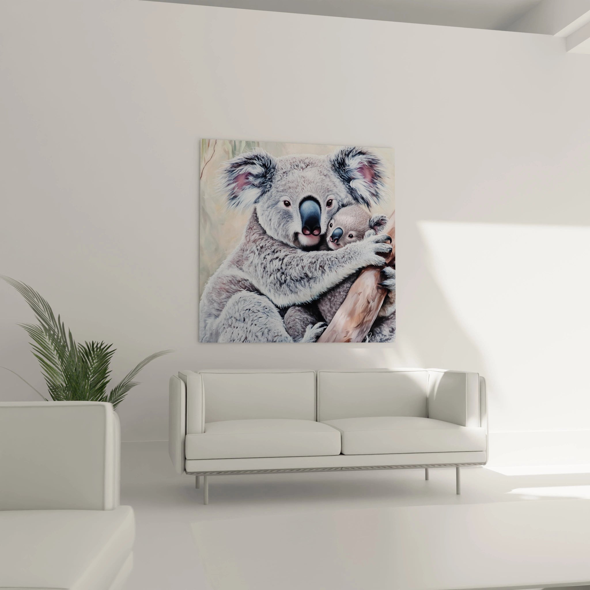 Tableau koala Walensky représentant un koala mère avec son bébé dans un salon moderne et lumineux