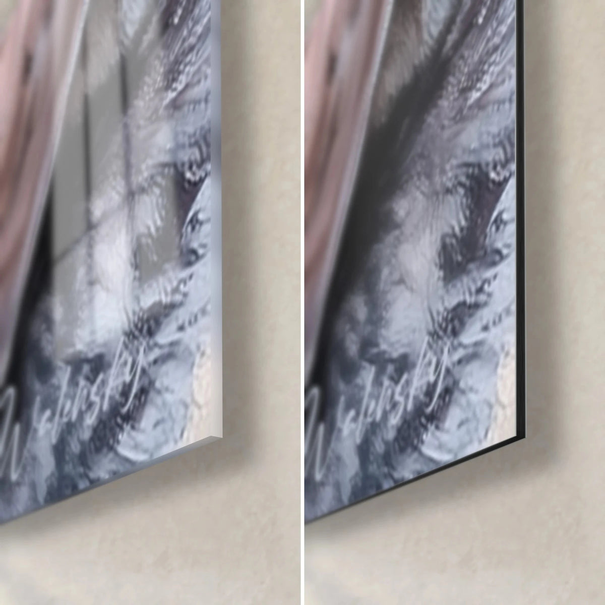 Wall art koala and its baby, dark claws on pink bark, glass reflections and matte Dibond aluminium, 3 mm edge