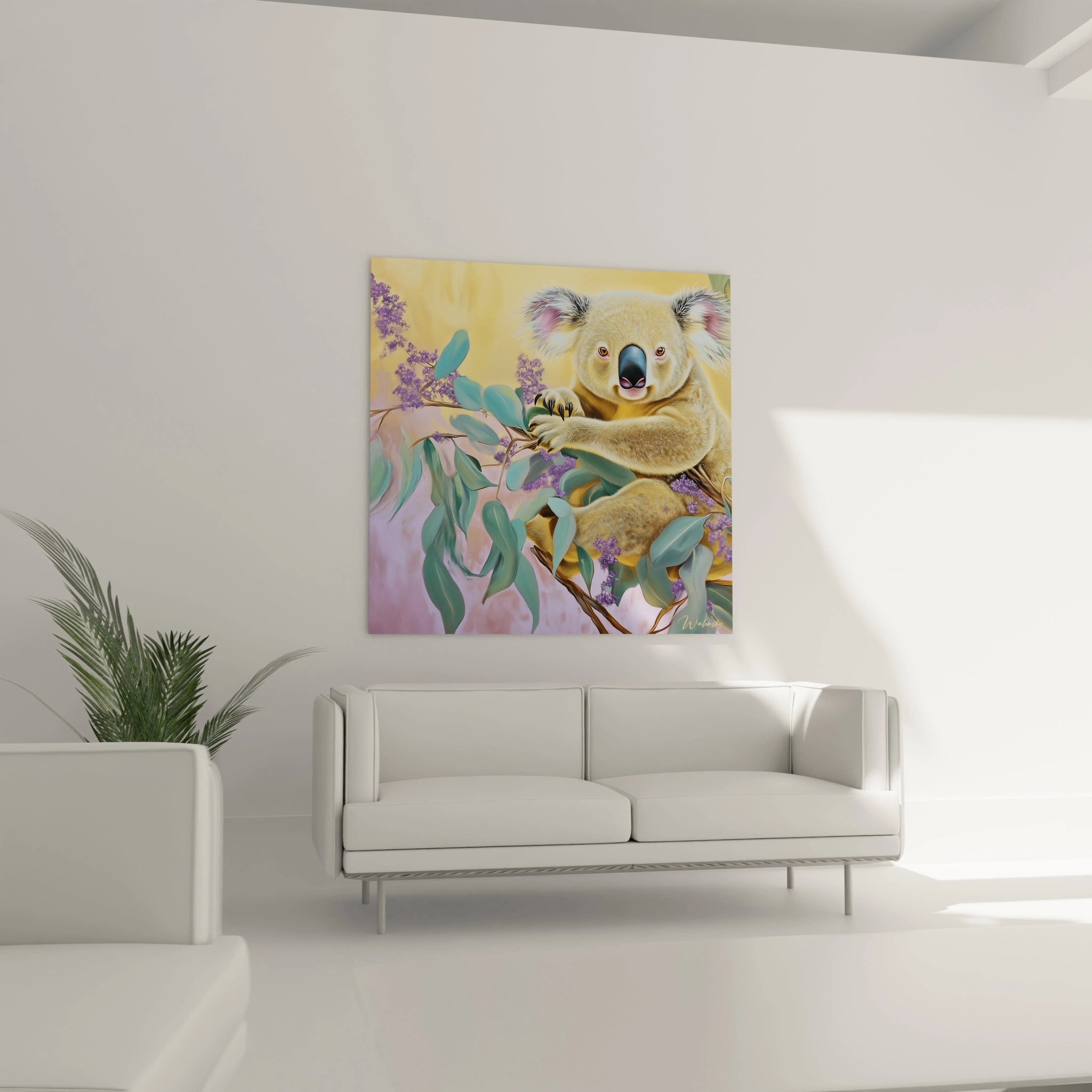 Tableau koala de Walensky représentant un koala coloré accroché à une branche dans un salon moderne