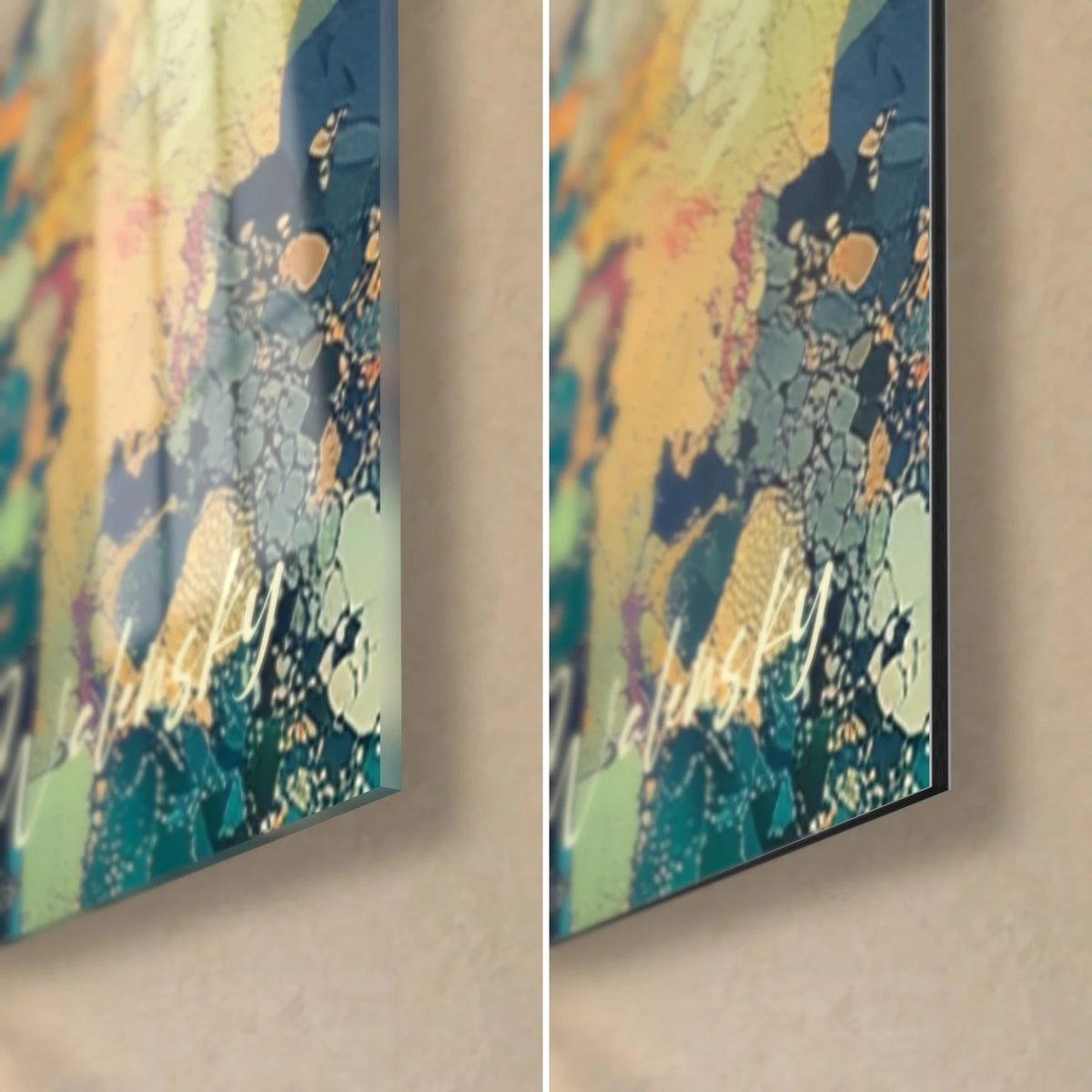 Cuadro pequeños koalas en mosaico de colores, esquina inferior derecha: vidrio acrílico brillante a la izquierda, aluminio Dibond mate a la derecha