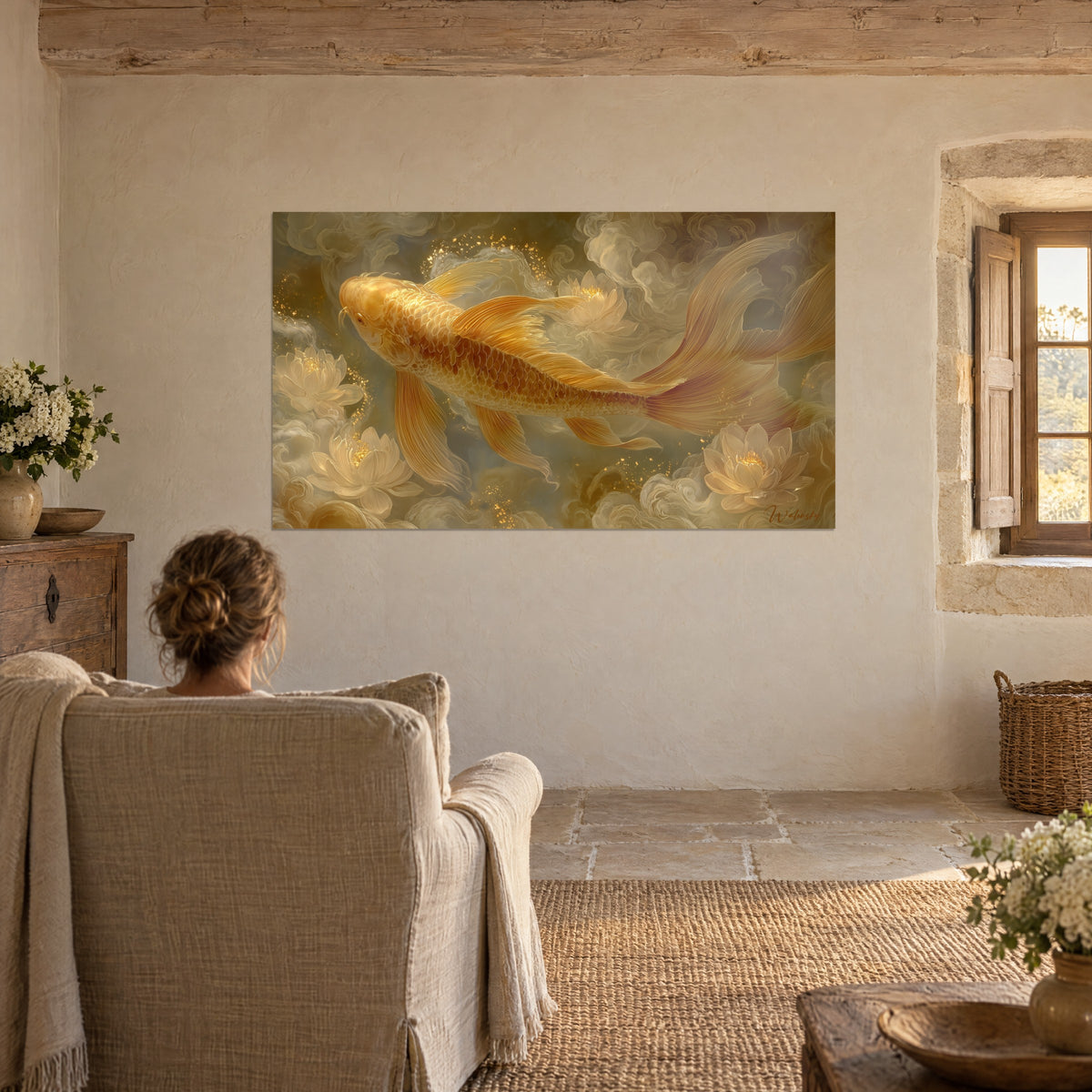 Cuadro koi ámbar nadando entre olas de bruma beige y lotos claros, pared encalada, ventana de piedra al fondo del salón