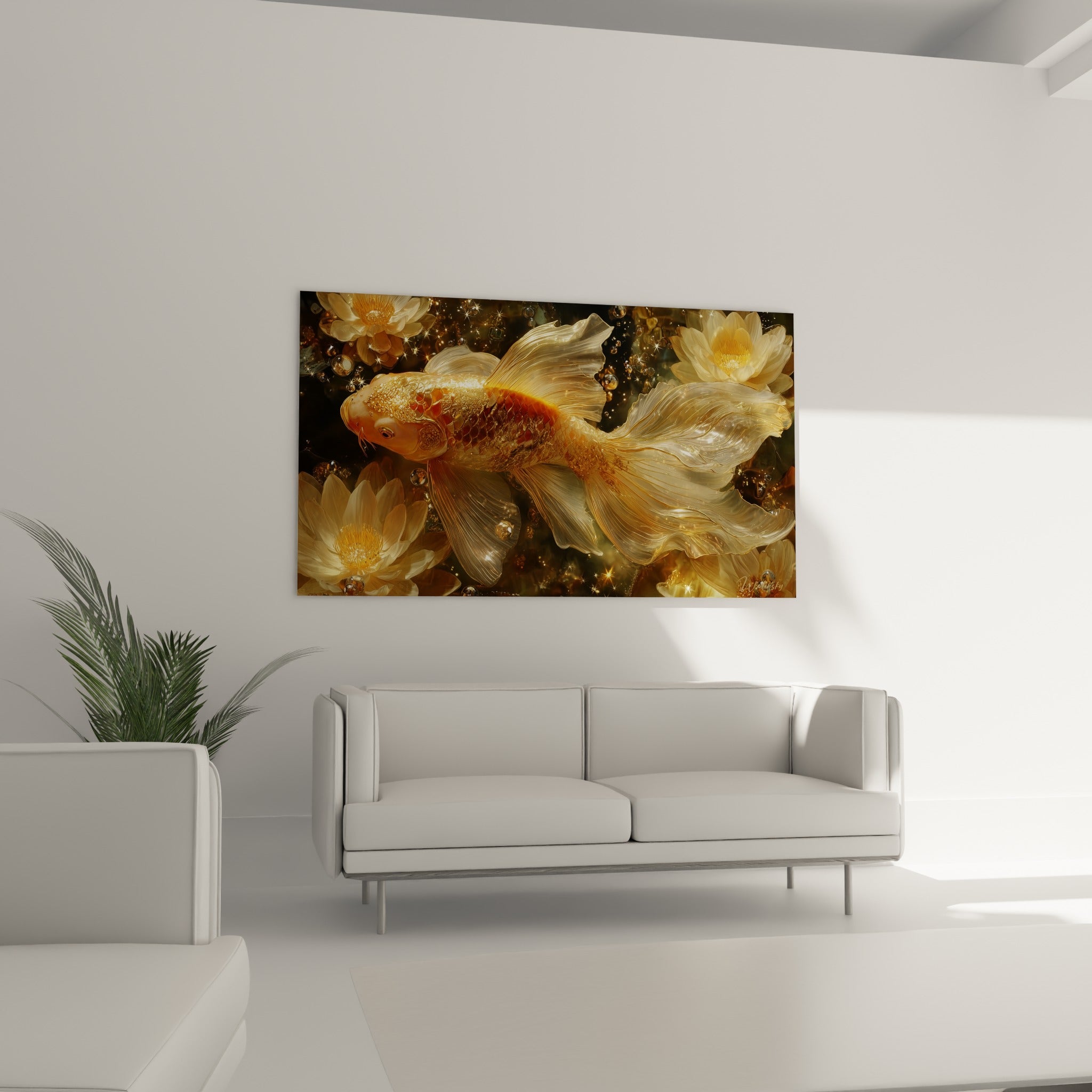 Koi ambré nageant entre fleurs de lotus blanches, au-dessus d'un canapé dans un salon lumineux