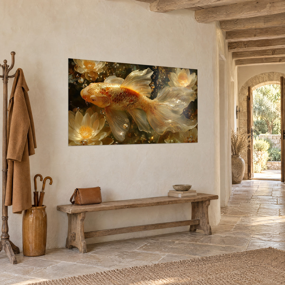 Quadro di un koi con squame ramate e pinne traslucide, bolle scintillanti, vista di tre quarti, corridoio in pietra