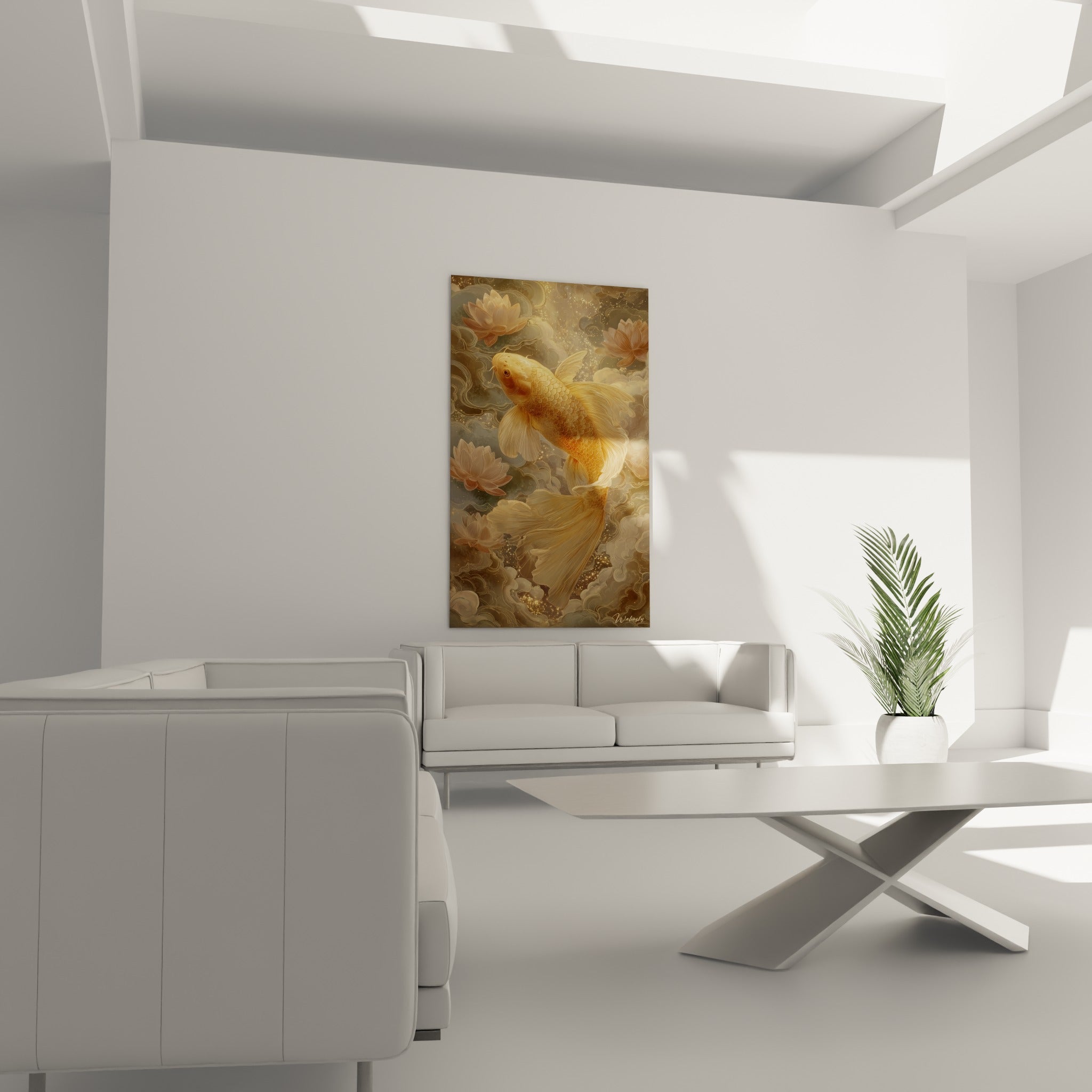 Créature dorée entourée de nuées dorées et beige au-dessus d'un canapé dans un salon lumineux