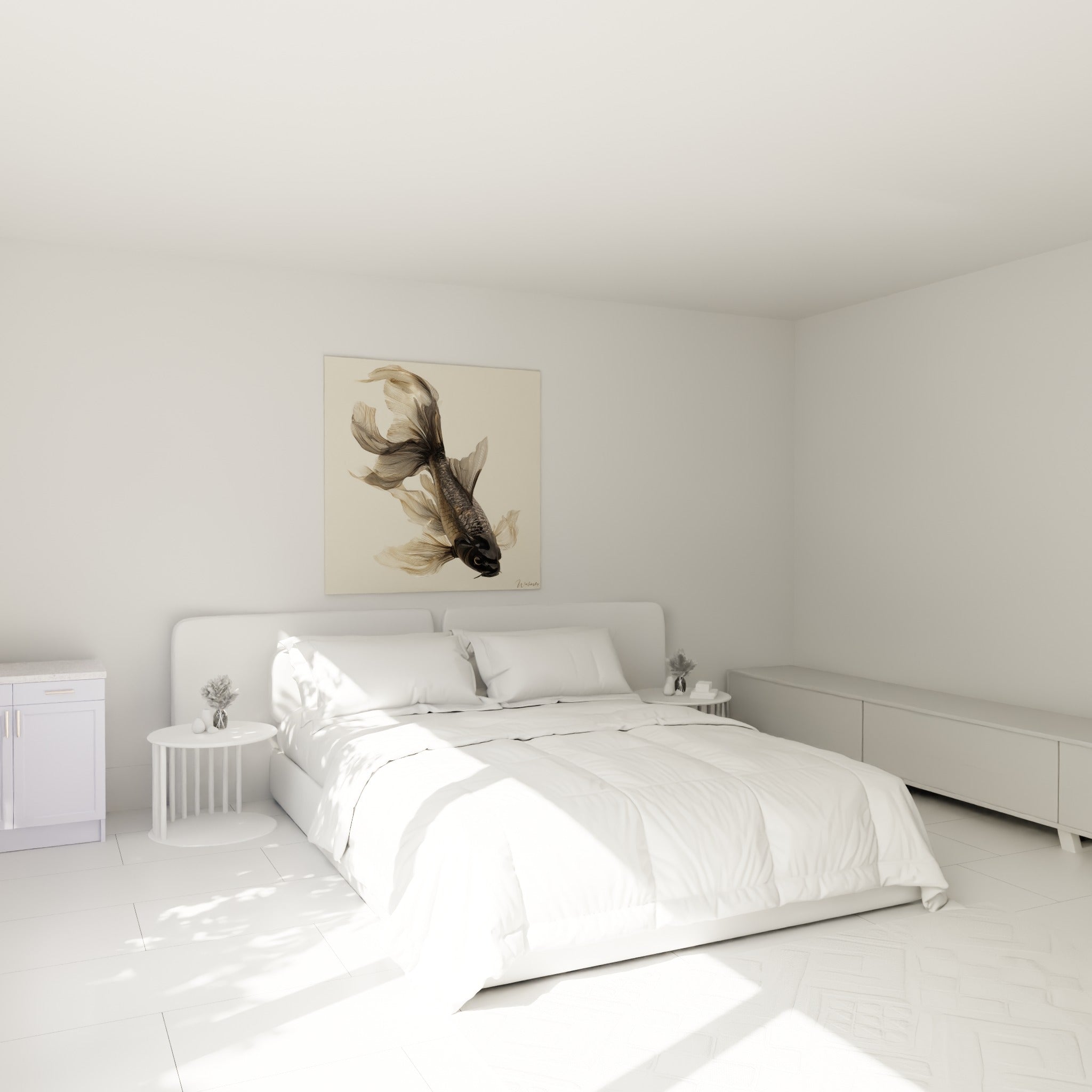 Koï anthracite aux voiles dorées flottant au-dessus d'un lit dans une chambre claire