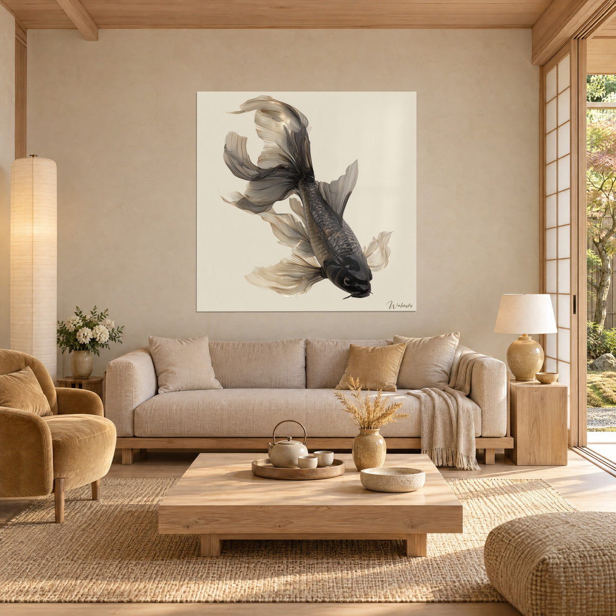 Schilderij zwarte koi met zeilachtige vinnen in oker en warmgrijs, boven een bank in een lichte woonkamer