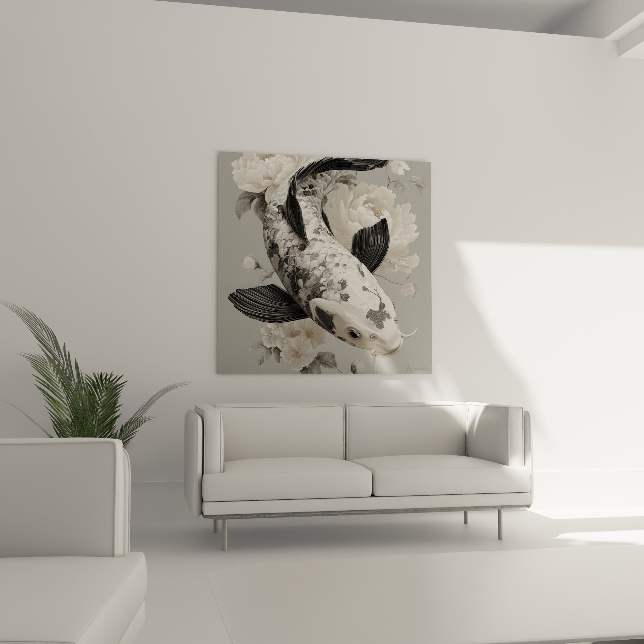 Koï anthracite et crème glissant parmi les fleurs, au-dessus d'un canapé dans un salon lumineux