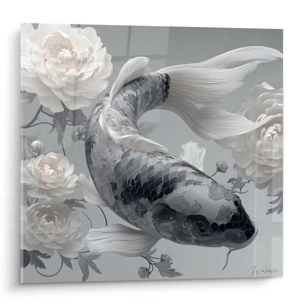 Tableau Poisson noir et blanc parmi les pivoines - Grâce silencieuse - Edition Koi