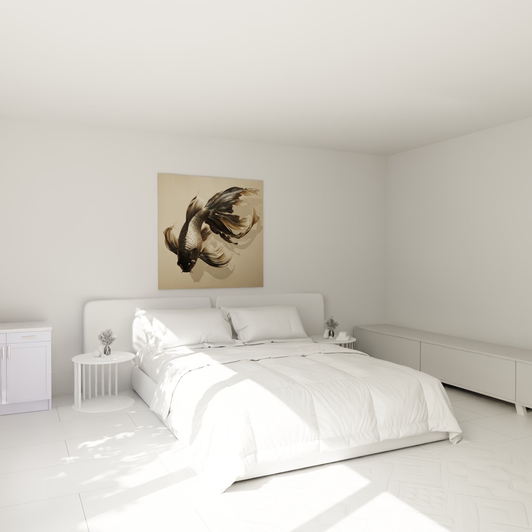 Poisson koi anthracite aux nageoires ondulantes, accroché au-dessus d'un lit dans une chambre claire