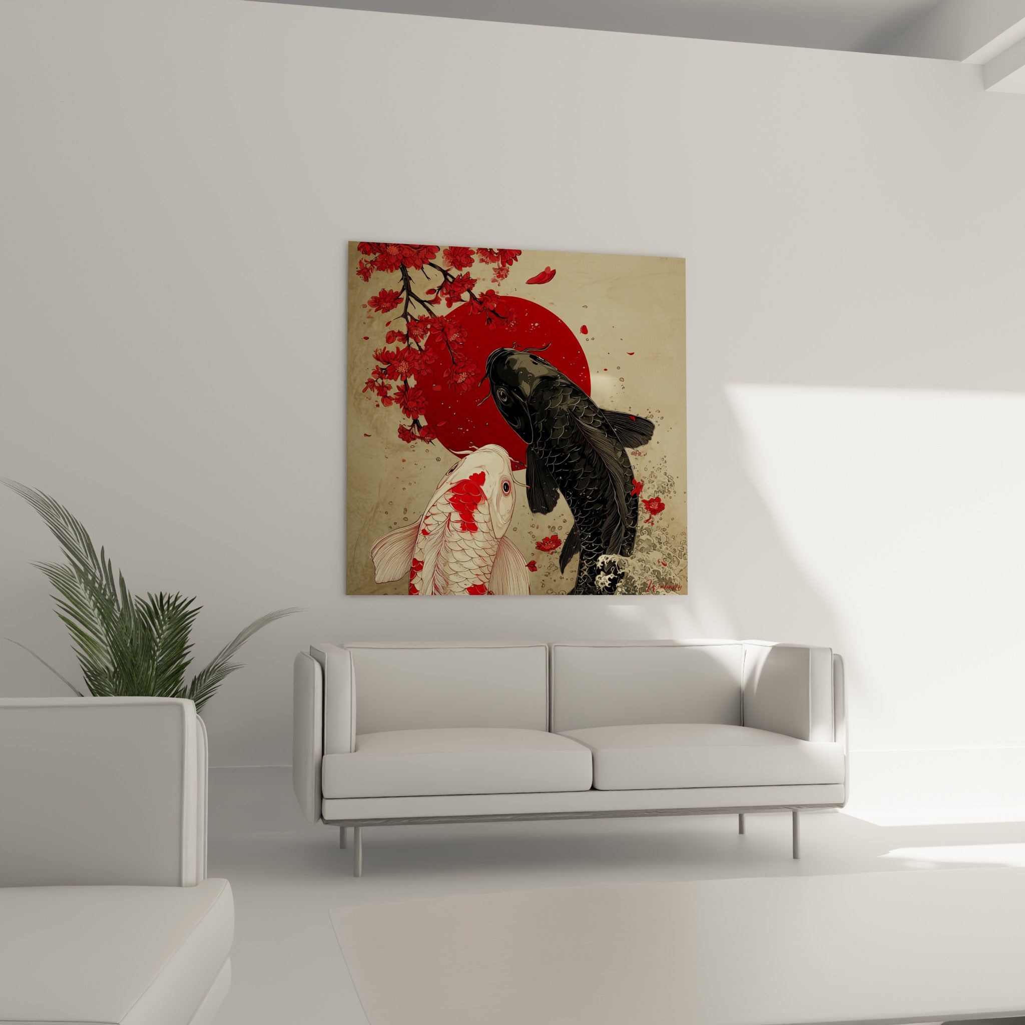 Poissons koi ivoire et noir sous disque écarlate, au-dessus d'un canapé dans un salon lumineux