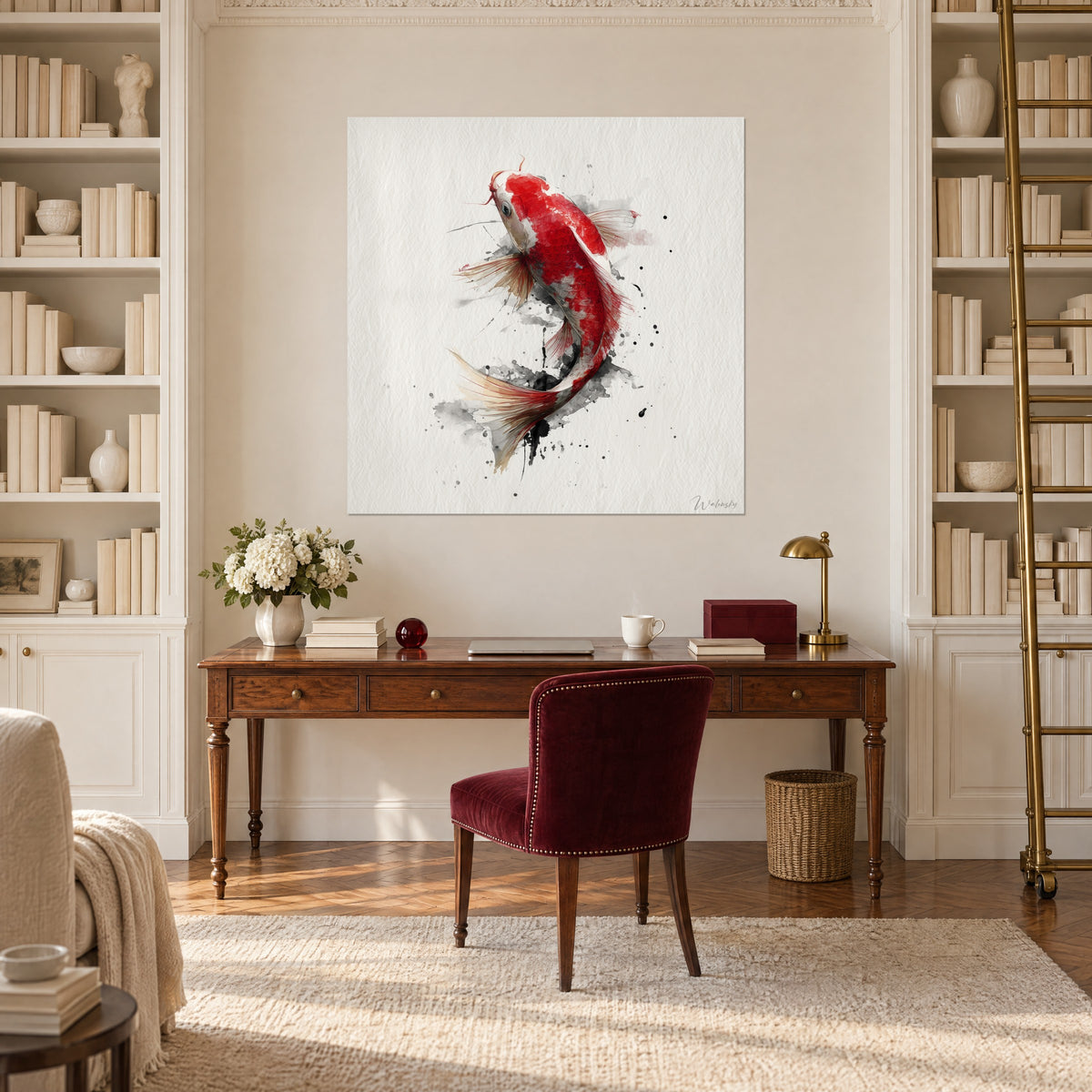 Quadro koi ad acquerello rosso carminio e grigio fumo, lavaggio d'inchiostro intorno alla coda, tra due librerie di uno studio
